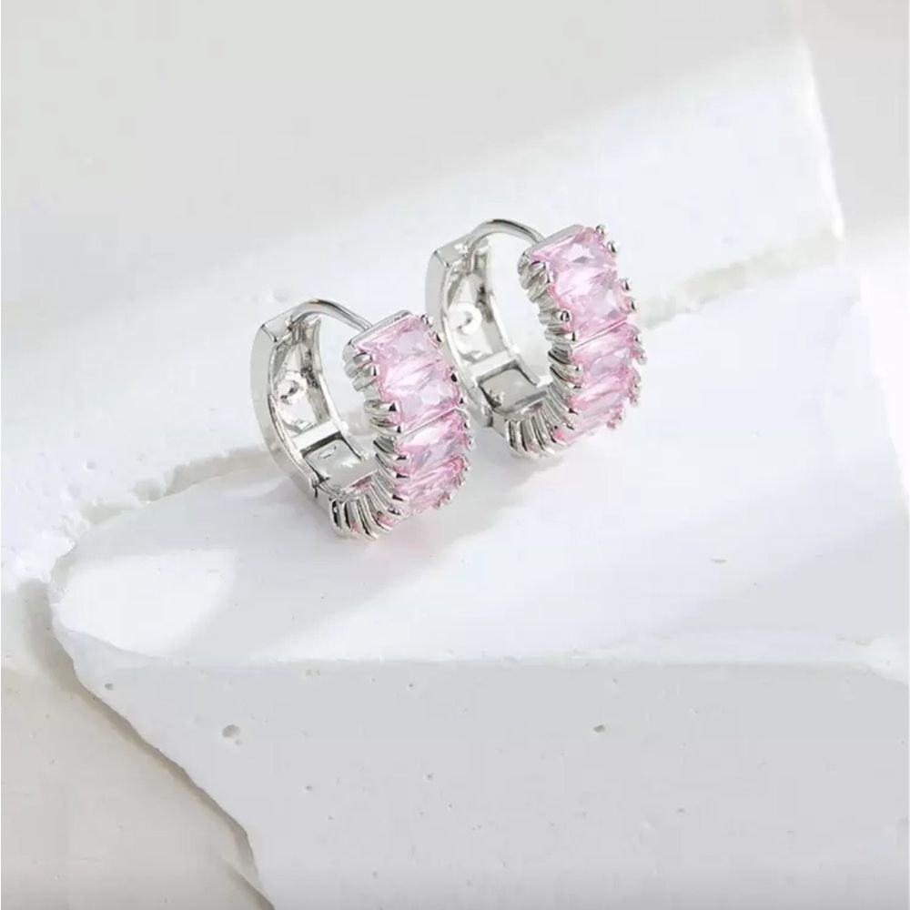 Pink and Silver Hoop Earrings Q775 - Picture 2 of 6